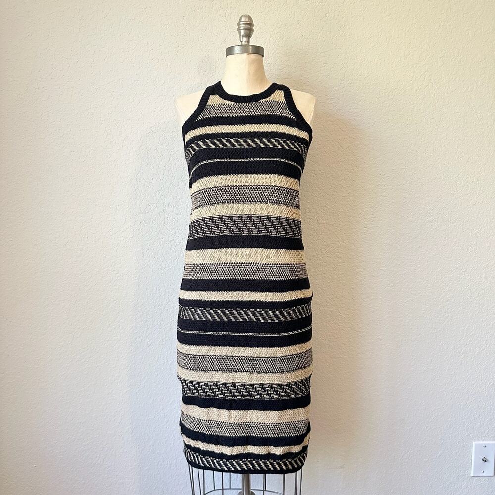 LAUREN RALPH LAUREN Dress Black Beige Striped Linen Knit Sleeveless